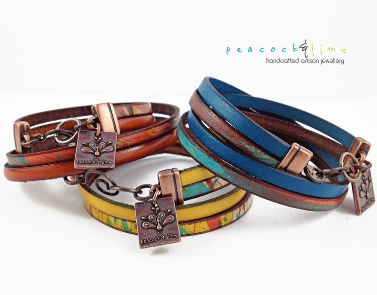 free spirit leather boho wrap bracelet - Peacock & Lime