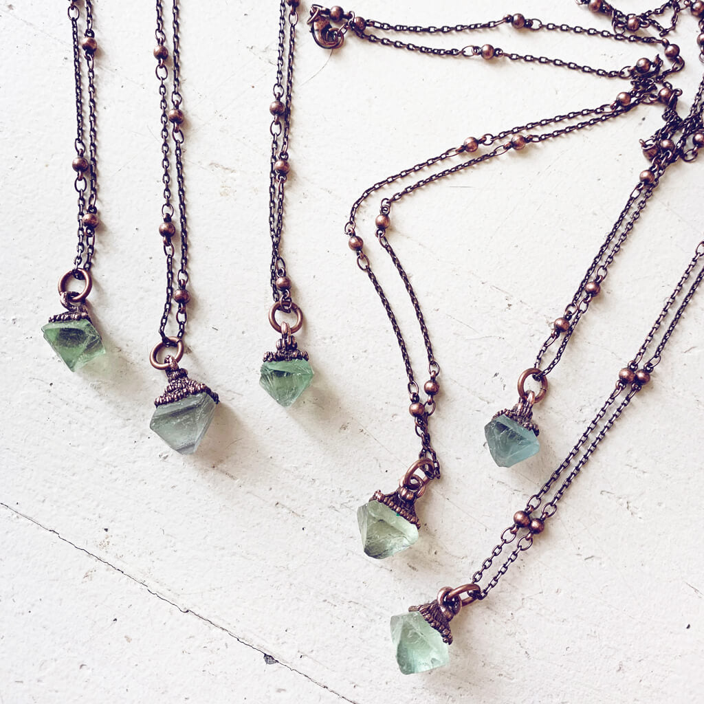 gem // tiny copper electroformed fluorite pendant necklaces by Peacock and Lime