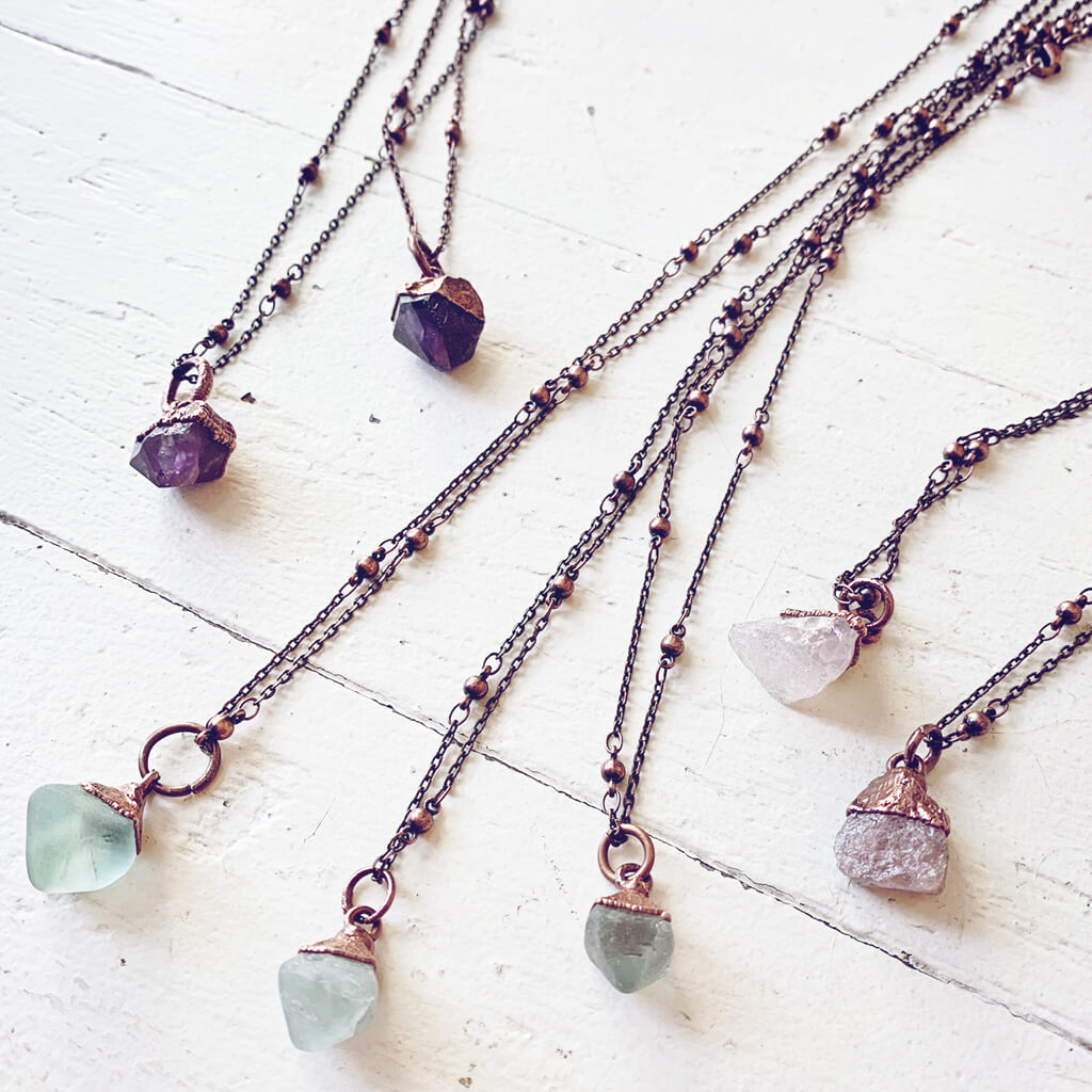 gem // tiny copper electroformed quartz pendant necklaces by Peacock and Lime
