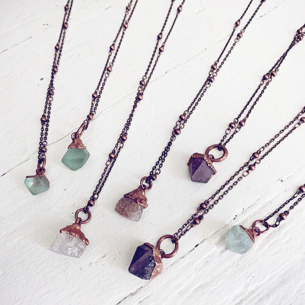 gem // tiny copper electroformed quartz pendant necklaces by Peacock and Lime