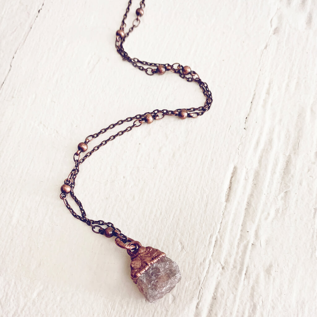 gem // tiny copper electroformed strawberry quartz pendant necklace by Peacock and Lime
