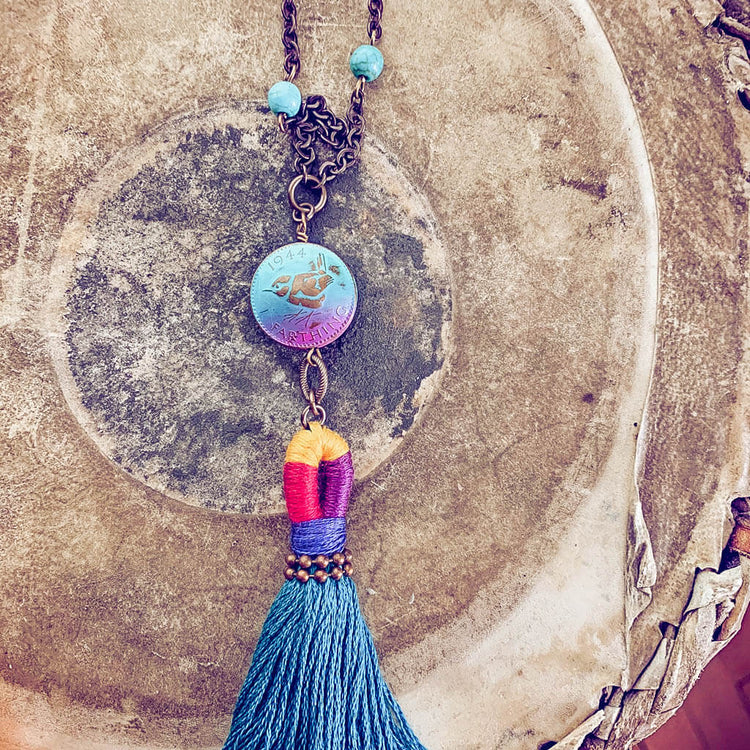 global // colourful coin and tassel boho pendant necklace - Peacock and Lime