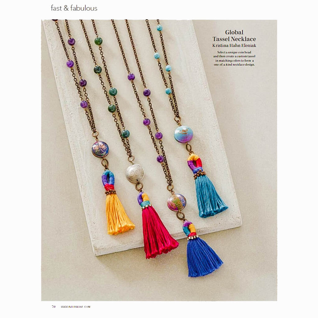 global // colourful coin and tassel boho pendant necklaces as seen in Beadwork magazine - Peacock and Lime