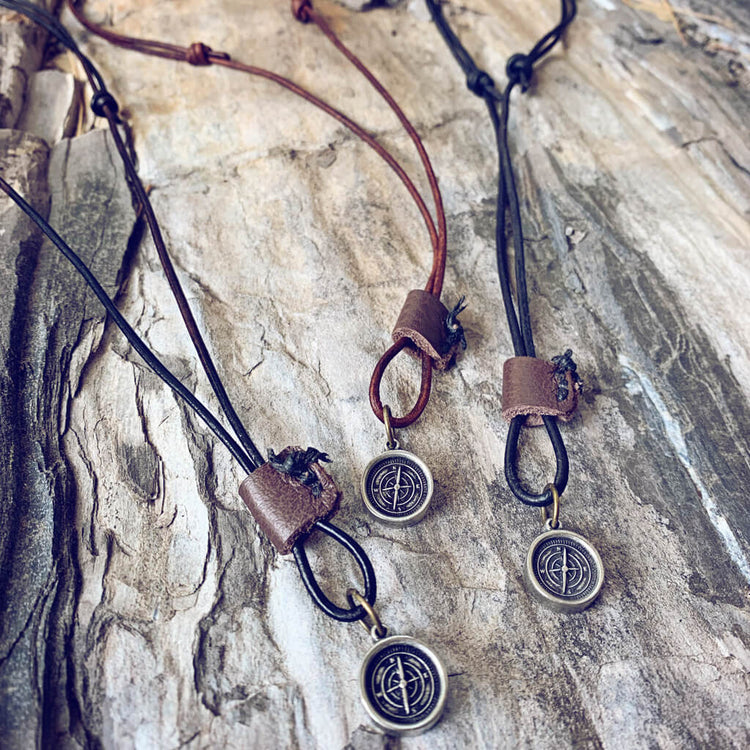 go your own way - men's rugged distressed leather necklaces with compass - Peacock and Lime