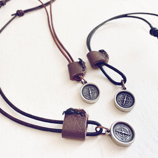 go your own way - men's rugged distressed leather necklaces with compass - Peacock and Lime