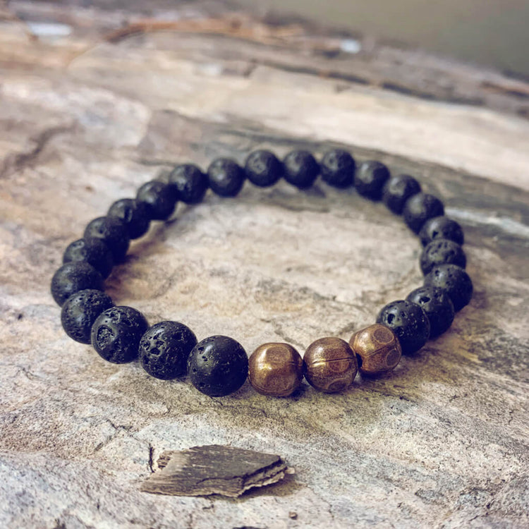 grounded // men's lava and natural brass bead mala bracelet - Peacock & Lime