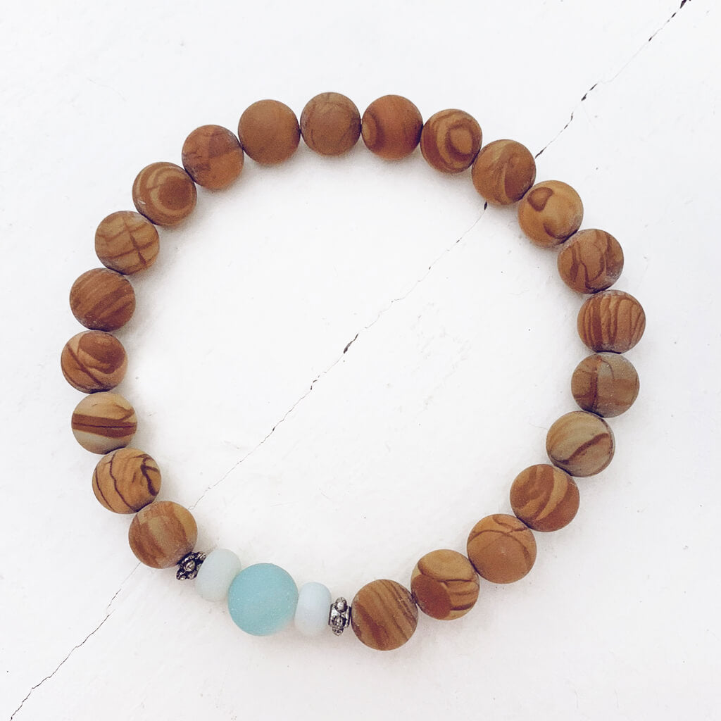 growth // amazonite and wood jasper beaded mala bracelet by Peacock & Lime