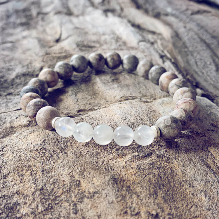 harmony moonstone // gemstone bead mala bracelet with moonstone and fossil jasper by Peacock & Lime