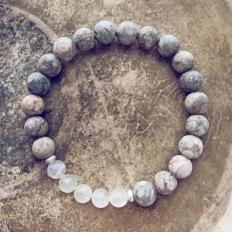 harmony moonstone // gemstone bead mala bracelet with moonstone and fossil jasper by Peacock & Lime