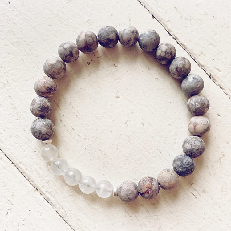 harmony moonstone // gemstone bead mala bracelet with moonstone and fossil jasper by Peacock & Lime