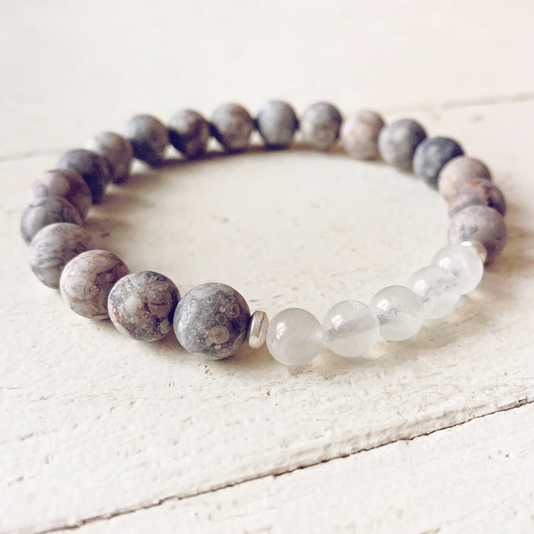 harmony moonstone // gemstone bead mala bracelet with moonstone and fossil jasper by Peacock & Lime