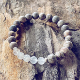 harmony moonstone // gemstone bead mala bracelet with moonstone and fossil jasper by Peacock & Lime
