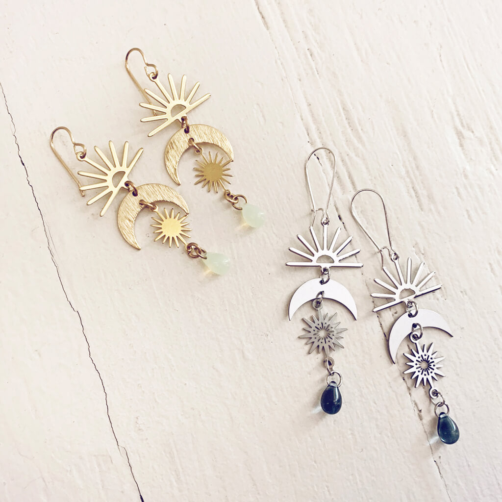 here comes the sun // sun moon and beach glass dangle earrings by Peacock & Lime