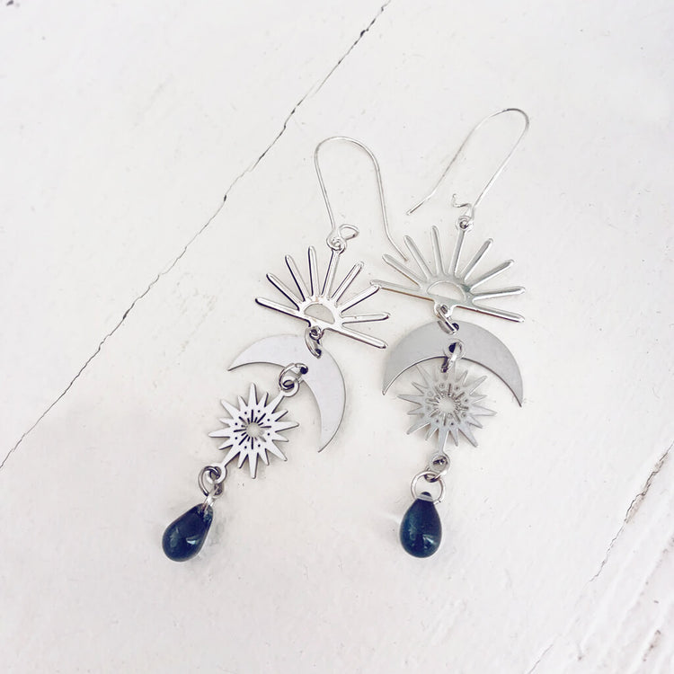 here comes the sun // rhodium & steel sun moon and beach glass dangle earrings by Peacock & Lime