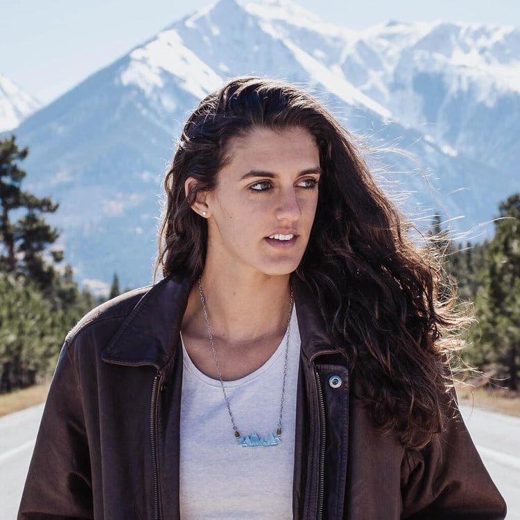 Hike / pewter mountain hand stamped pendant necklace worn on model by Peacock & Lime