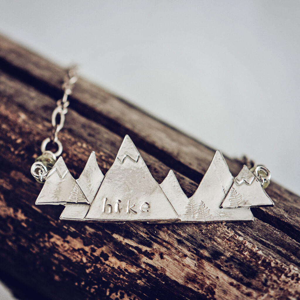Hike / pewter mountain hand stamped pendant necklace by Peacock & Lime
