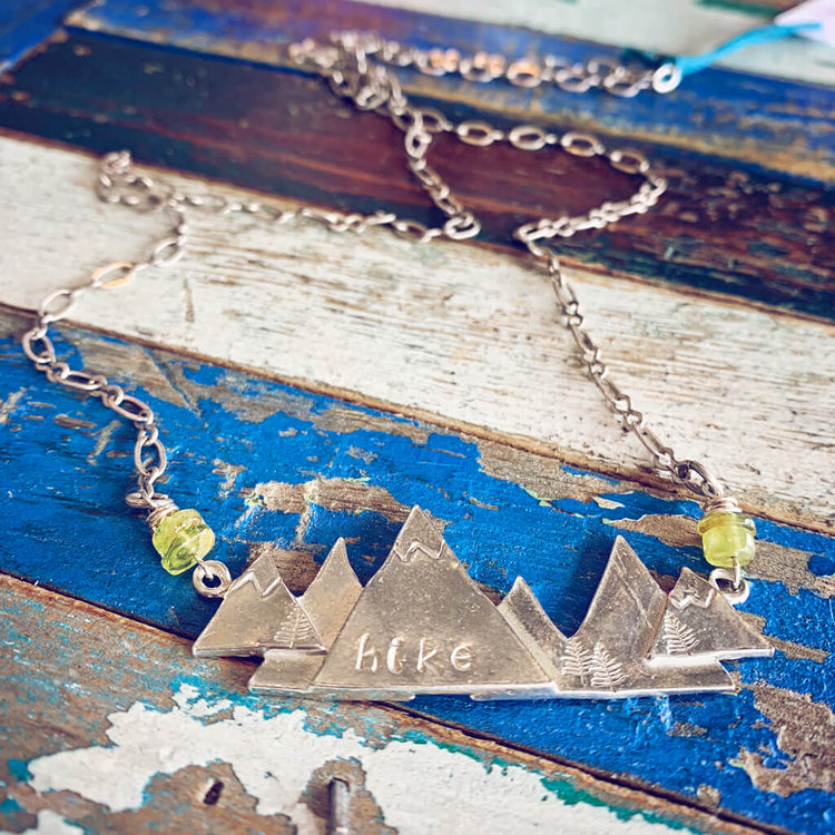 Hike / pewter mountain hand stamped pendant necklace by Peacock & Lime