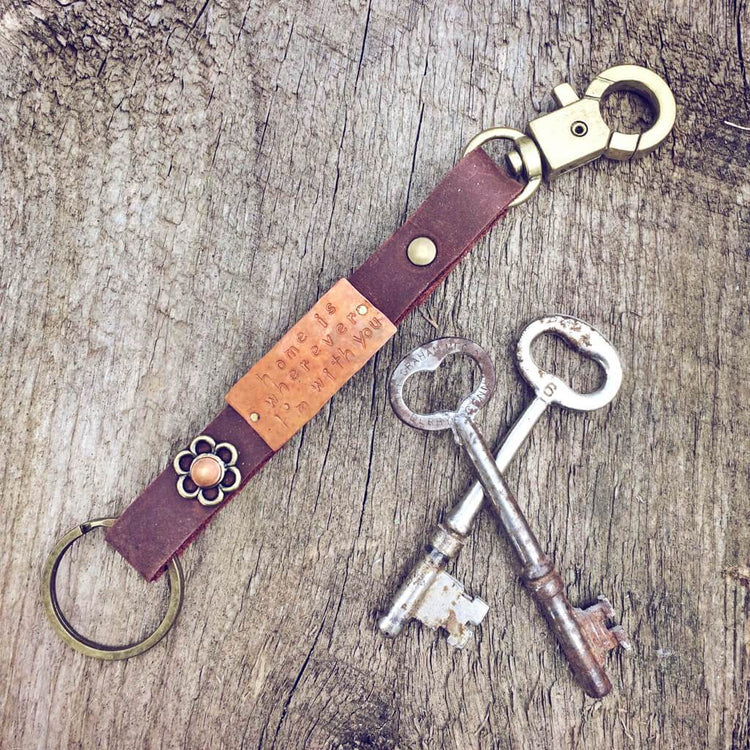 home is wherever i'm with you // leather, copper and brass key ring / key fob - Peacock & Lime