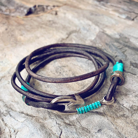 hook line & sinker // men's fish hook clasp leather wrap bracelet / choker - Peacock & Lime