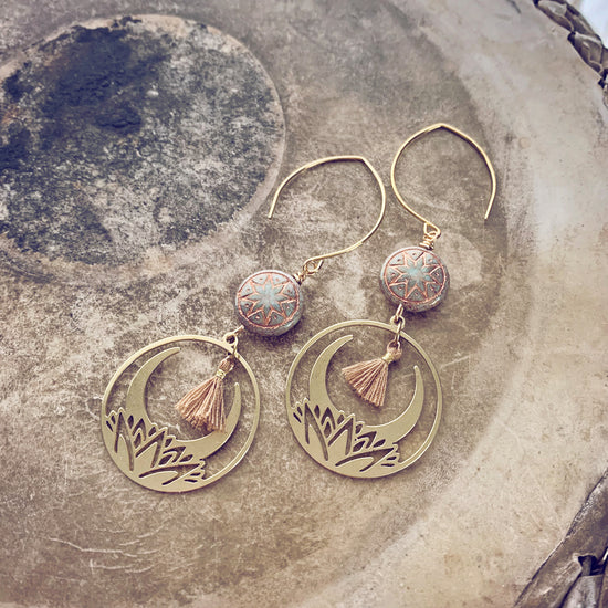 ishtar star // czech glass bead with lotus flower hoop & tiny tassel brass earrings by Peacock and Lime
