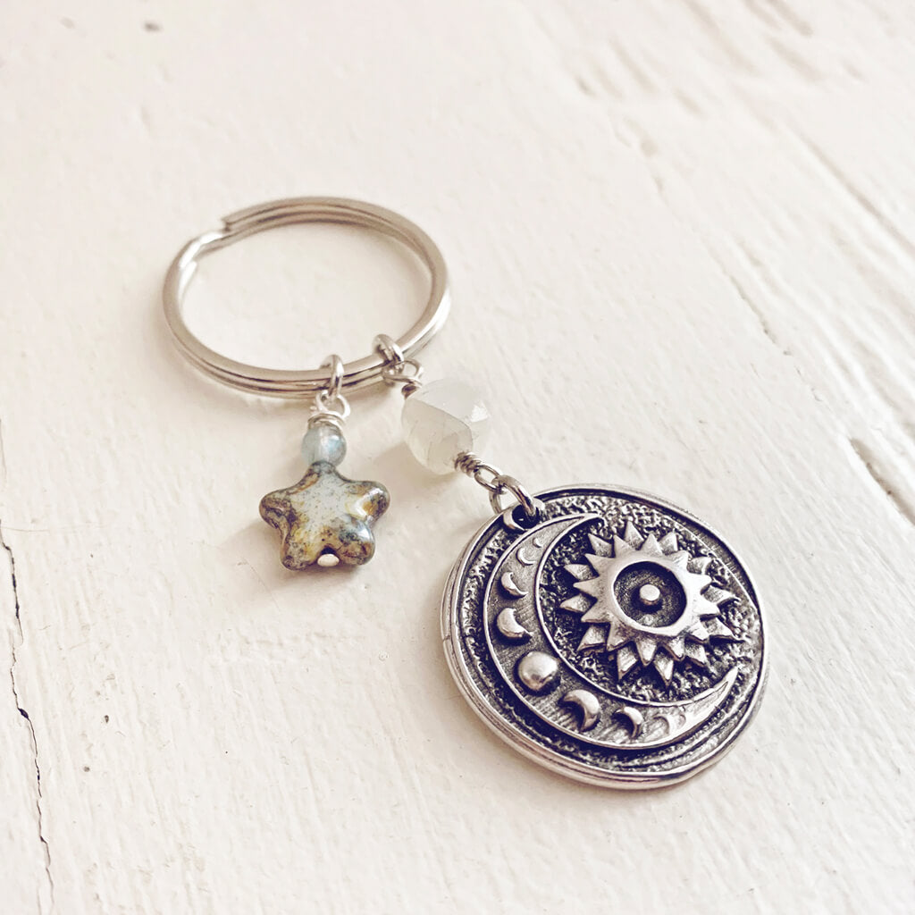 its just a phase // sun moon medallion with moonstone labradorite czech glass star keychain by Peacock & Lime
