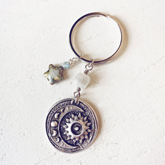 its just a phase // sun moon medallion with moonstone labradorite czech glass star keychain by Peacock & Lime