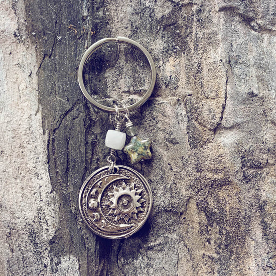 its just a phase // sun moon medallion with moonstone labradorite czech glass star keychain by Peacock & Lime