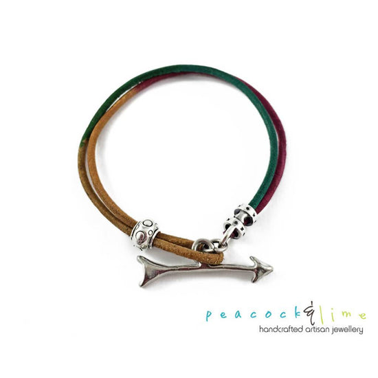 keep moving forward // unisex leather wrap bracelet with pewter arrow clasp - Peacock & Lime