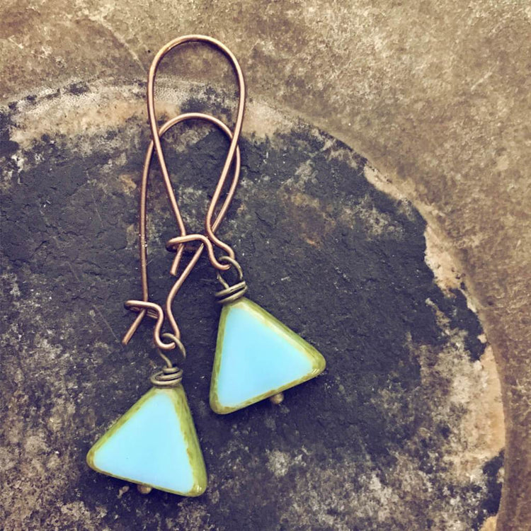 keystone // triangle dainty dangle czech glass earrings - Peacock & Lime