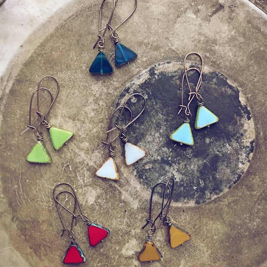 keystone // triangle dainty dangle czech glass earrings - Peacock & Lime