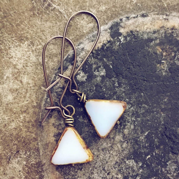 keystone // triangle dainty dangle czech glass earrings - Peacock & Lime