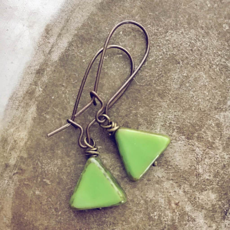 keystone // triangle dainty dangle czech glass earrings - Peacock & Lime