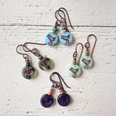 little bird blue // czech glass coin drop earrings, choice of colour - Peacock & Lime