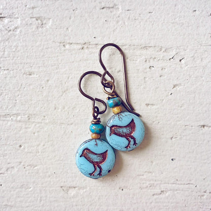 little bird blue // czech glass coin drop earrings, choice of colour - Peacock & Lime
