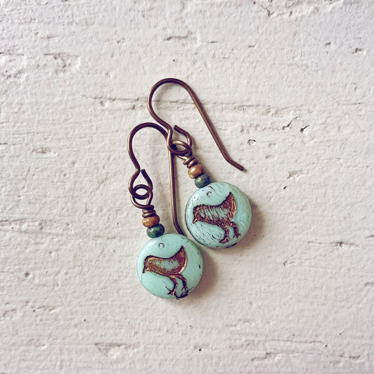 little bird blue // czech glass coin drop earrings, choice of colour - Peacock & Lime