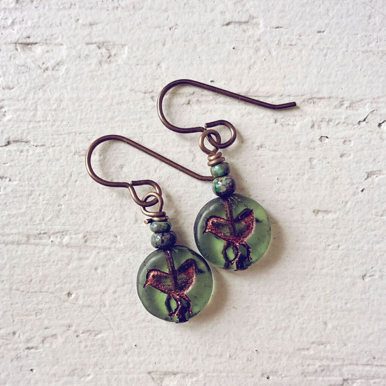 little bird blue // czech glass coin drop earrings, choice of colour - Peacock & Lime