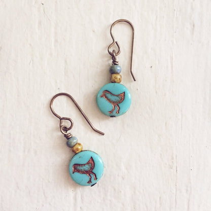 little bird blue // czech glass coin drop earrings, choice of colour - Peacock & Lime