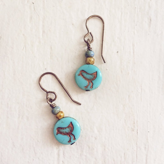 little bird blue // czech glass coin drop earrings, choice of colour - Peacock & Lime