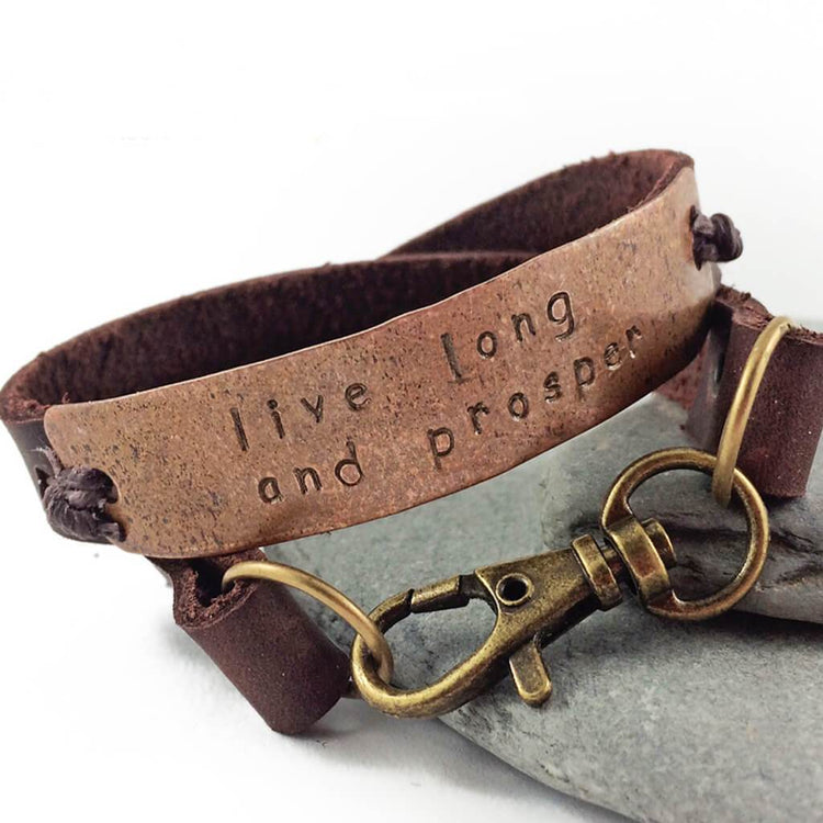 live long and prosper // leather and copper double wrap bracelet - Peacock & Lime