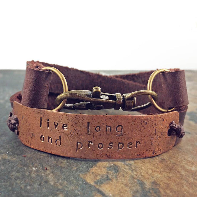 live long and prosper // leather and copper double wrap bracelet - Peacock & Lime