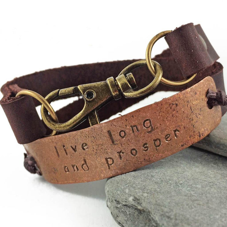 live long and prosper // leather and copper double wrap bracelet - Peacock & Lime