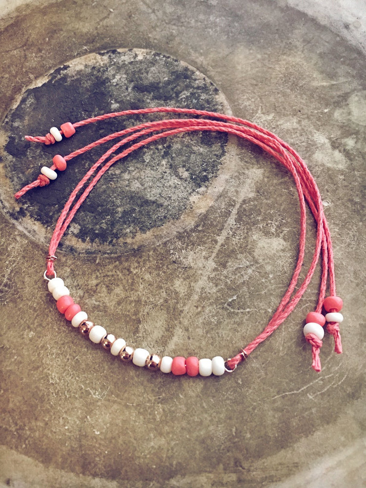 living coral - coral off white and rose gold beaded bar hemp tie wrap bracelet - Peacock & Lime