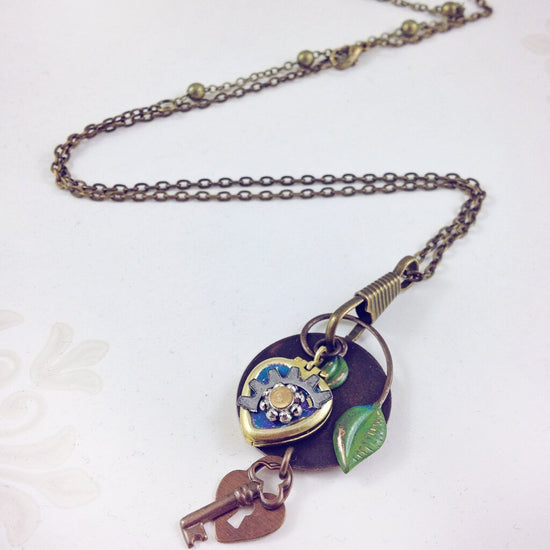 love locked // mini steampunk heart locket necklace - Peacock & Lime