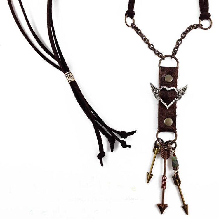love struck arrows // leather artisan necklace - Peacock & Lime