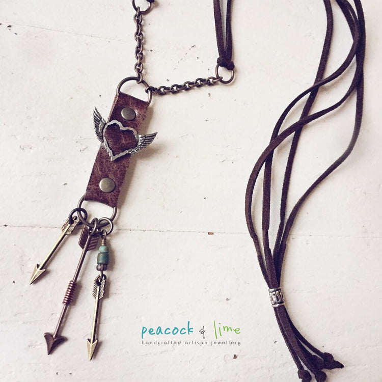 love struck arrows // leather artisan necklace - Peacock & Lime