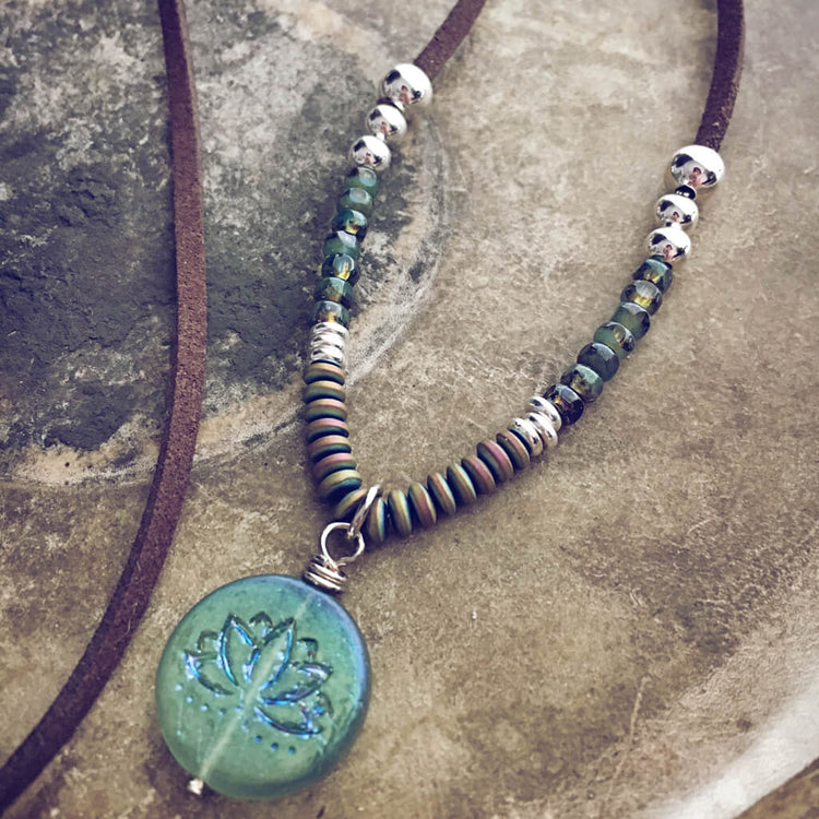 lovely lotus // czech glass & vegan friendly cord pendant necklace - Peacock and Lime