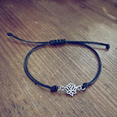 lucky lotus - small lotus flower charm adjustable waxed cord bracelet in black by Peacock & Lime