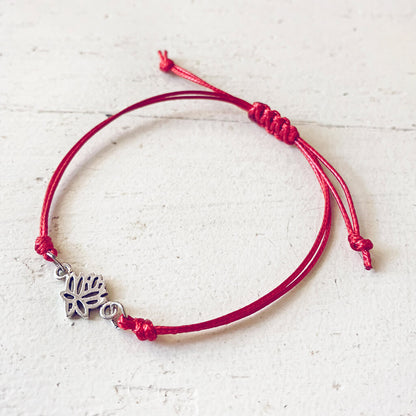 lucky lotus - small lotus flower charm adjustable waxed cord bracelet in red by Peacock & Lime
