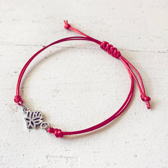 lucky lotus - small lotus flower charm adjustable waxed cord bracelet in red by Peacock & Lime