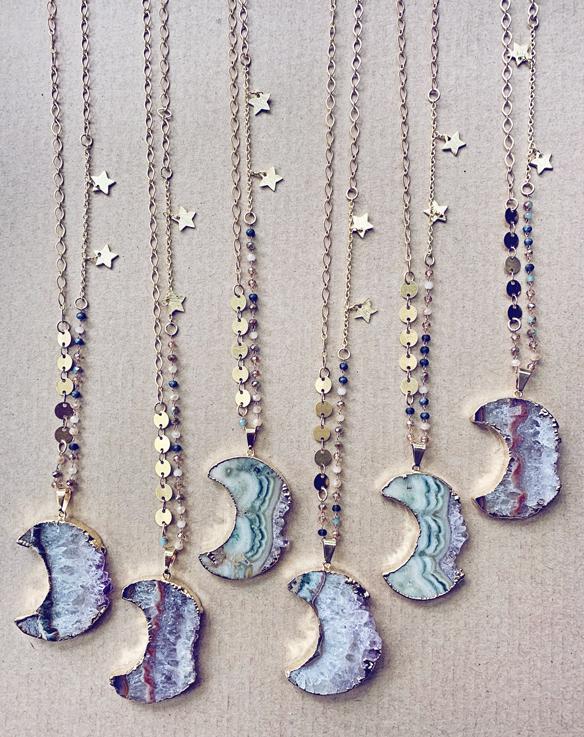Luna // gold electroplated crescent moon amethyst slice bohemian necklace - Peacock & Lime
